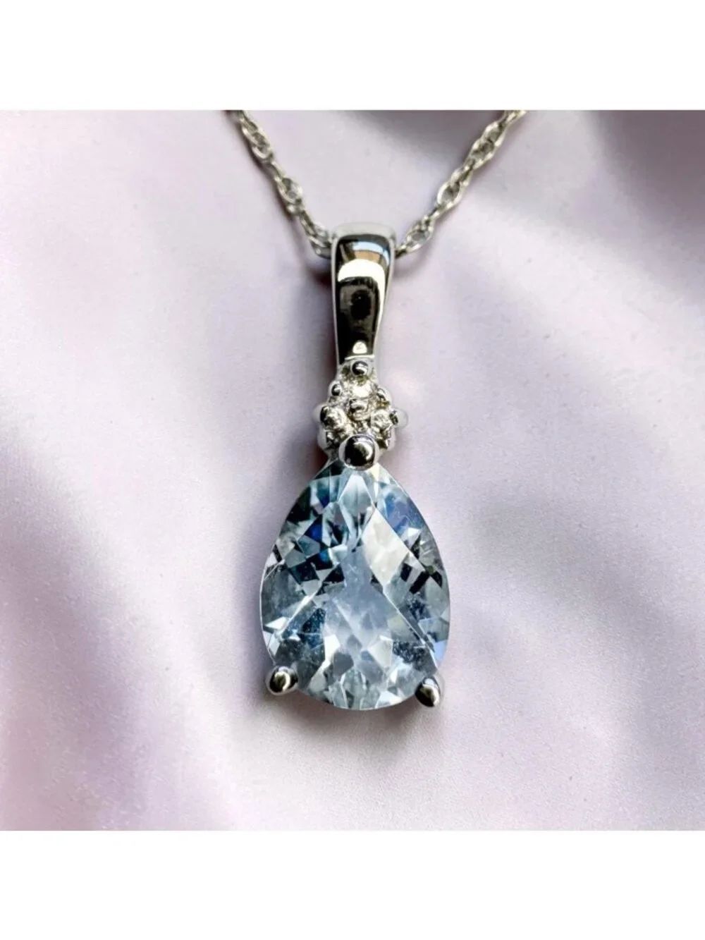 10K White Gold Natural Aquamarine & Diamond Necklace 18" 1.1CTTW Pear Cut -1.3g